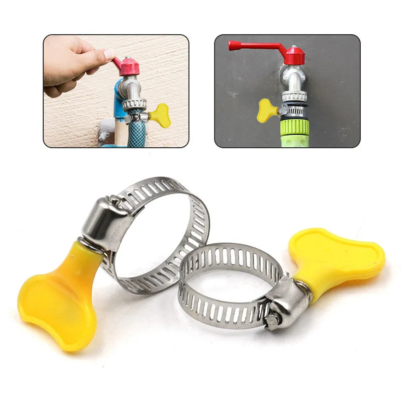 5/10pcs 8-44mm Adjustable Yellow Plastic Handle Hand Twist Hose Clamps Worm Driving 201 Stainless Steel Pipe Clips For Tube