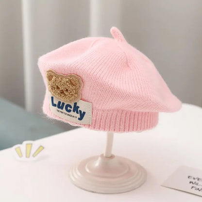 Flower Baby Beret Hat Winter Warm Knitted Beanie Cap for Infant Girls Korean Toddler Princess Artist Solid Color Painter Caps