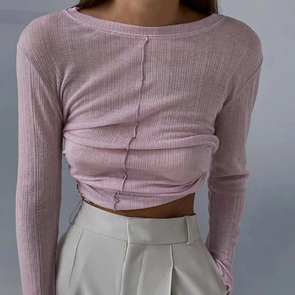Casual Full Sleeve Round Collar T-shirt See-Through Slim Spring Fall Tee Female Fashion Solid Clothing Streetwear