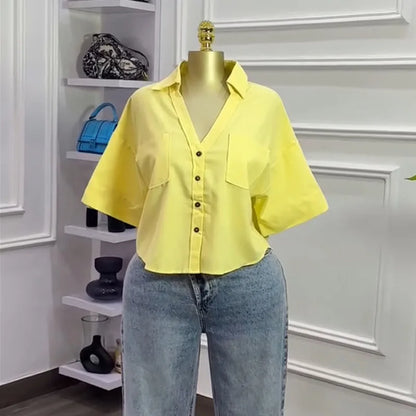 Fall Autumn Women Half Sleeve Single Breasted Blouse and Shirt V-neck Pockets Street Casual Loose OL Tops Shirts