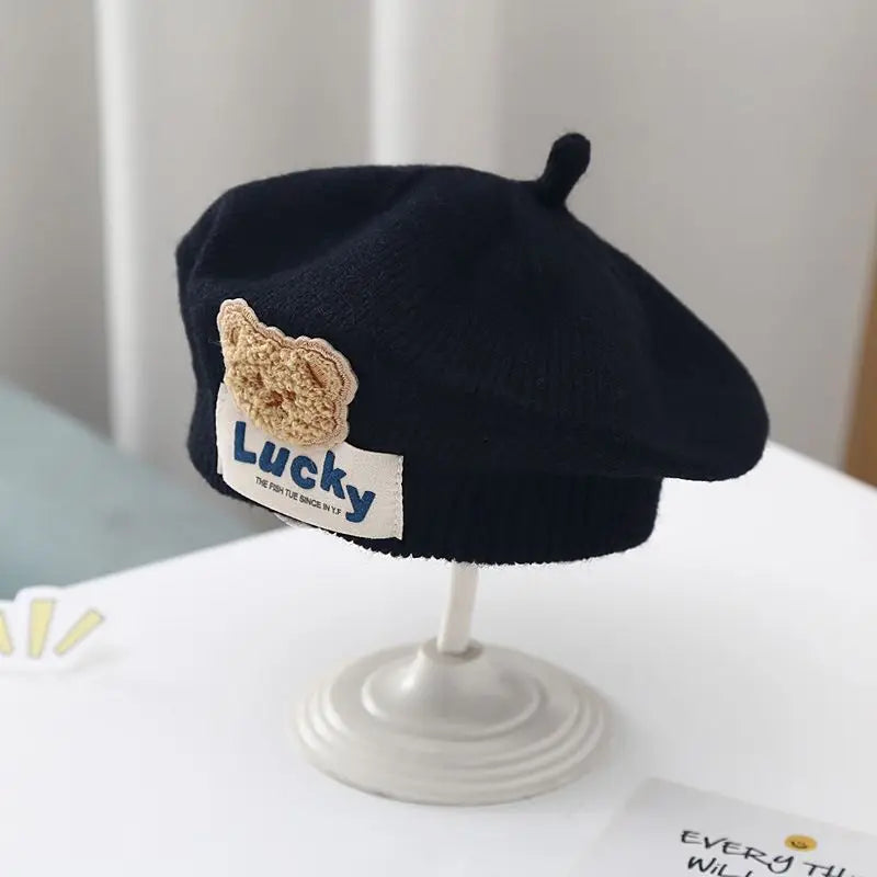 Flower Baby Beret Hat Winter Warm Knitted Beanie Cap for Infant Girls Korean Toddler Princess Artist Solid Color Painter Caps
