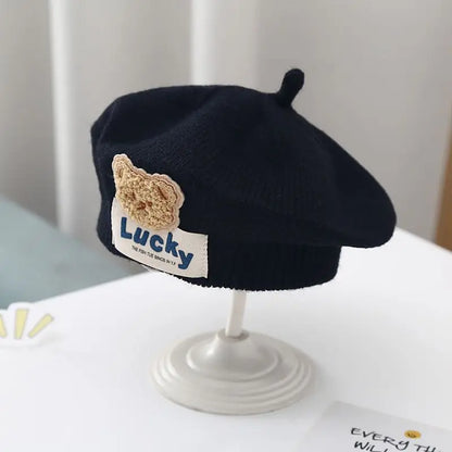 Flower Baby Beret Hat Winter Warm Knitted Beanie Cap for Infant Girls Korean Toddler Princess Artist Solid Color Painter Caps