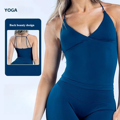 Women Seamless Cross Sports Vest Gym Yoga Tops with Padded  Sexy Backless Workout Fitness Camisole Running Sports Tops Summer
