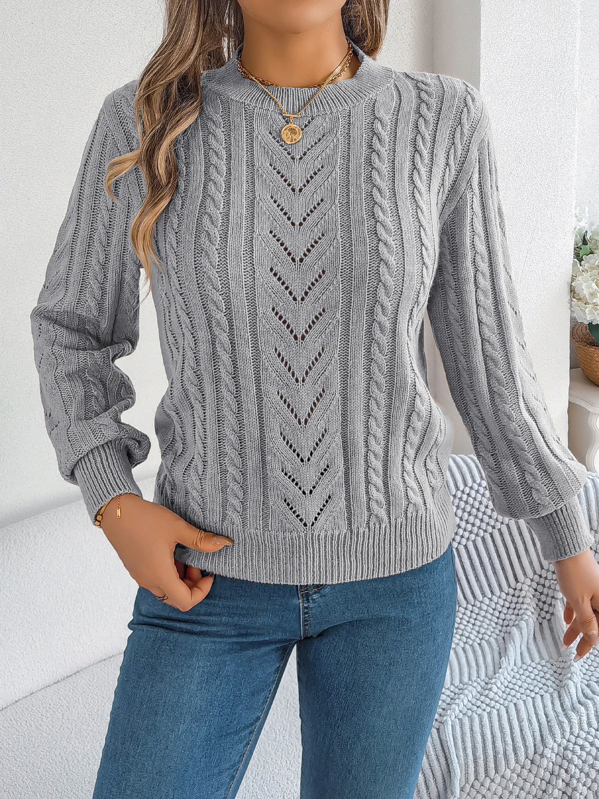 Women Solid Openwork Knit Pullover Round Neck Long Sleeve Cozy Fall Winter Resort Ready Sweater Top