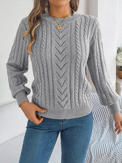 Women Solid Openwork Knit Pullover Round Neck Long Sleeve Cozy Fall Winter Resort Ready Sweater Top