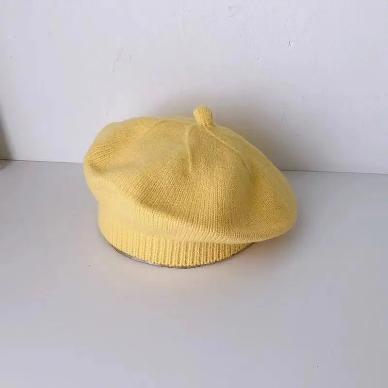 Flower Baby Beret Hat Winter Warm Knitted Beanie Cap for Infant Girls Korean Toddler Princess Artist Solid Color Painter Caps