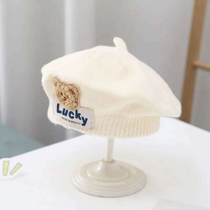 Flower Baby Beret Hat Winter Warm Knitted Beanie Cap for Infant Girls Korean Toddler Princess Artist Solid Color Painter Caps