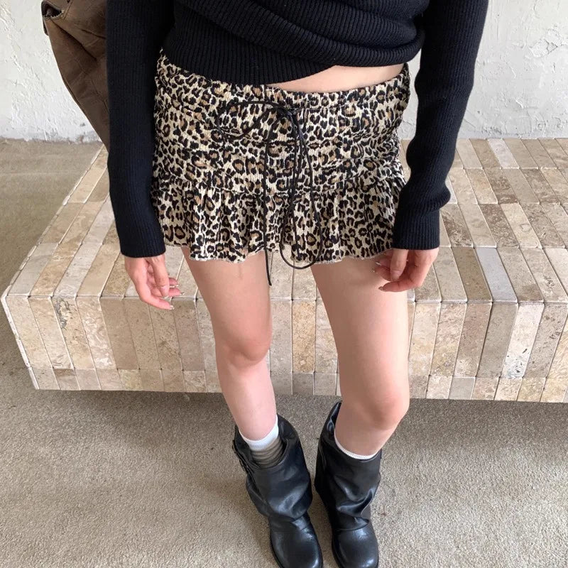 Fall Leopard Print Mini Skirt Retro American Style Drawstring Waist A Line Skirt for Women