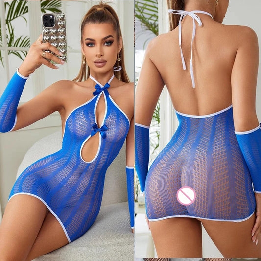 Lingerie dress Sexy hollowed out erotic lingerie hanging neck bow gloves jumpsuit mesh jacket sexy costumes woman sexy clothes