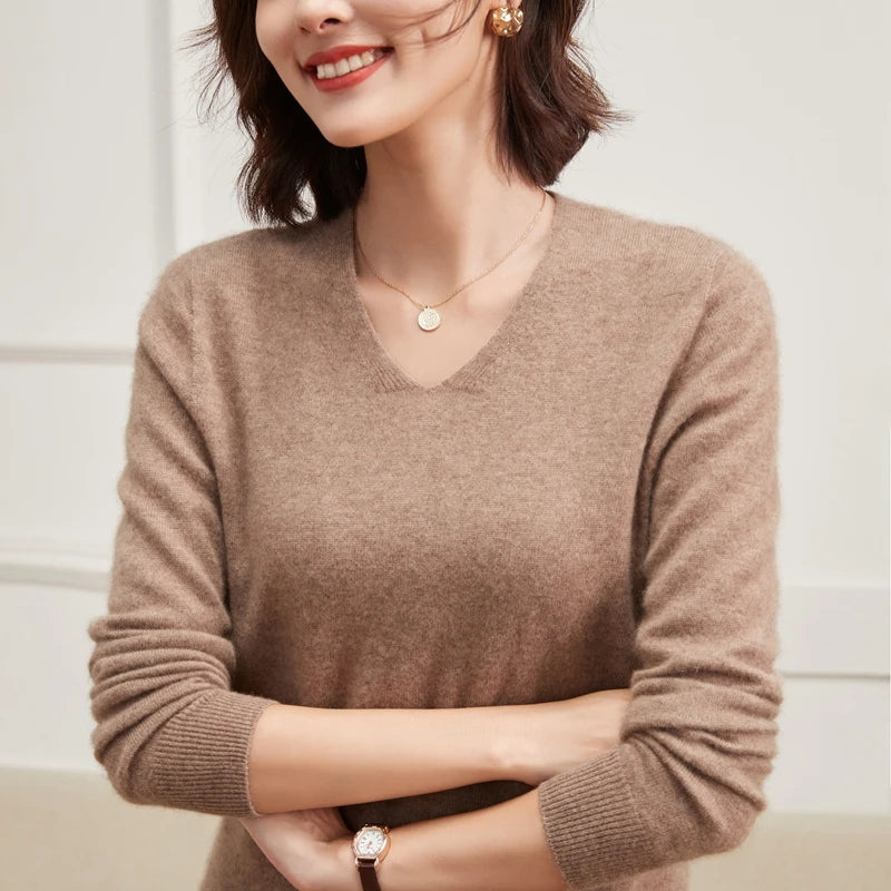 100% Pure Cashmere Women's Sweater V-Neck Long Sleeve Fall Winter Warm Soft Knit Pullover New Knitted Tops Women's Clothing