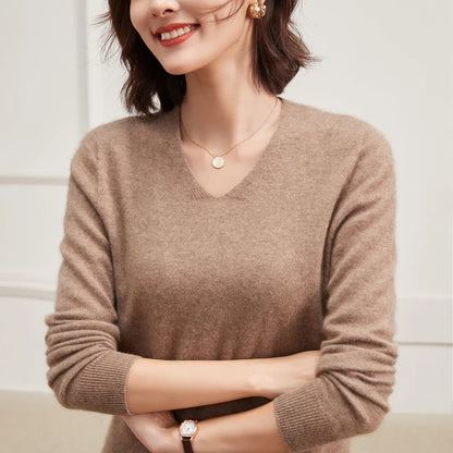 100% Pure Cashmere Women's Sweater V-Neck Long Sleeve Fall Winter Warm Soft Knit Pullover New Knitted Tops Women's Clothing
