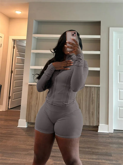 Fall Siold Bodycon Zipper Crop Top Women Tracksuits Sets+Trousers Women Black Gray 2 Two Pieces Matching Leggings Shorts Suits