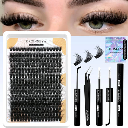 GROINNEYA Lash Clusters Kit With Waterproof Strong Hold DIY Lash Extension Kit Lash Bond And Seal And Eyelash Tweezers Makeup