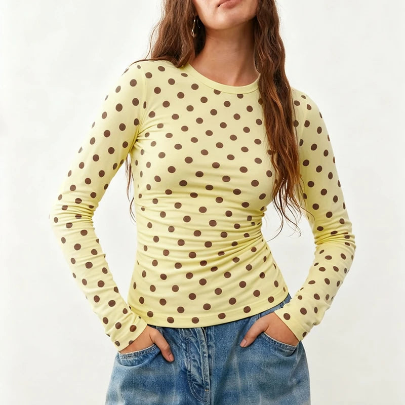 Combhasaki Women Y2k Vintage Polka Dot T-Shirts Slim Long Sleeve Round Neck Side Ruched Pullovers Shirt Tops Fall Winter Clothes