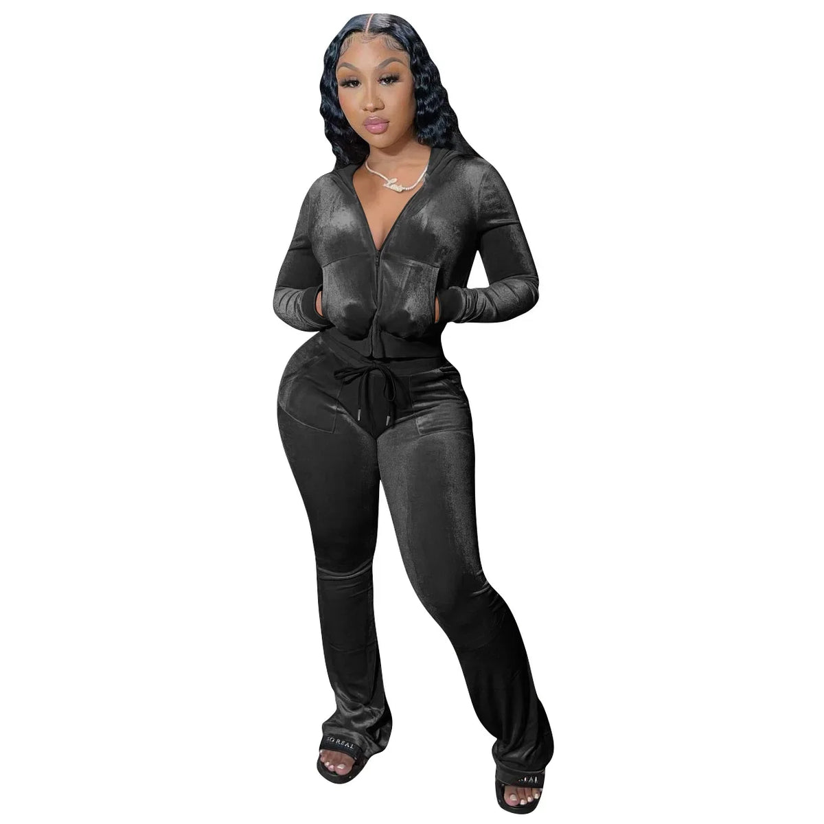 Hot Sale Fall Women's hoodie Set Zipper Pocket Crop Top Jacket Velvet Jogging suit Velour tracksuits Women Two Piece set