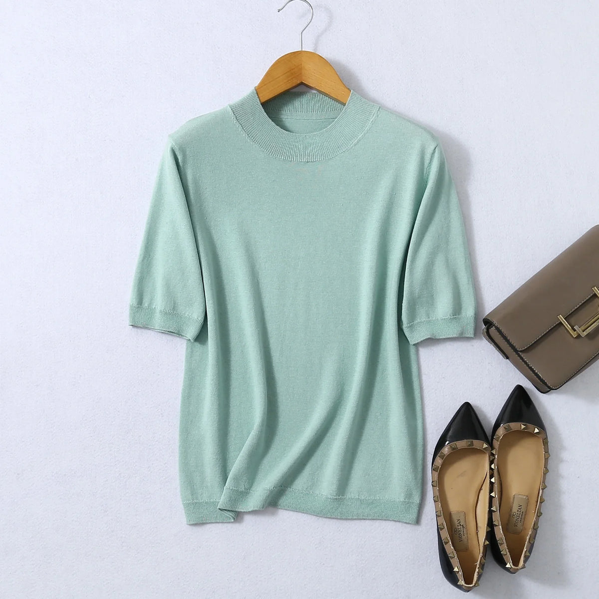 Birdtree, Woman Basic Sweaters, 70% Spun Silk and Cotton Blend O Neck Pullovers, Fall Winter Solid Bottoming Shirts T61715JF