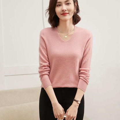 100% Pure Cashmere Women's Sweater V-Neck Long Sleeve Fall Winter Warm Soft Knit Pullover New Knitted Tops Women's Clothing