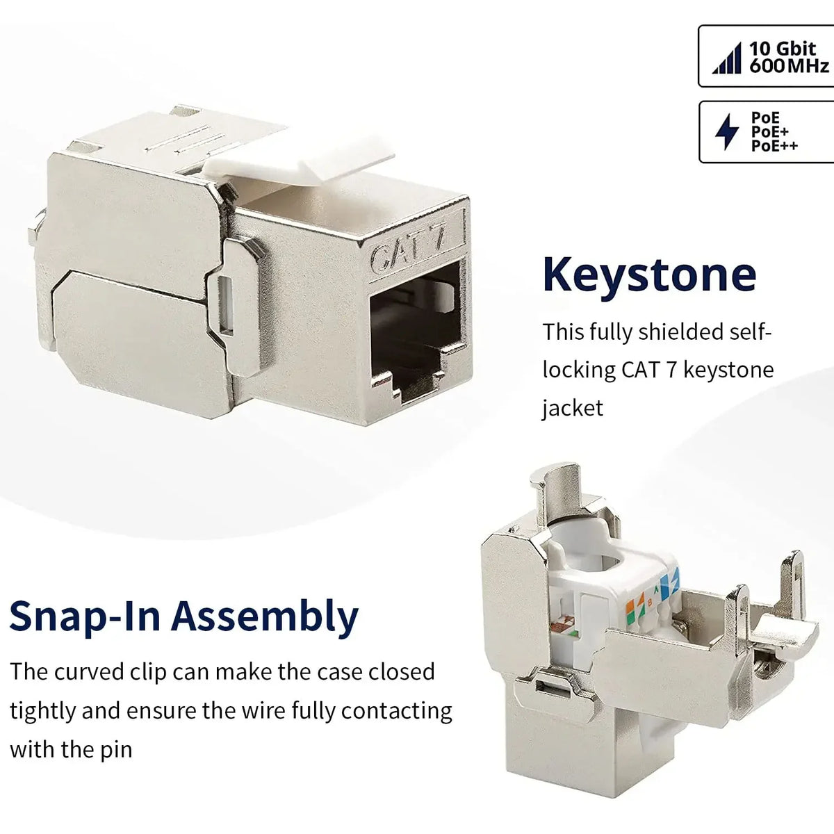 Cat6a Cat7 Keystone Jack Cat7 RJ45 STP Tool-Less Type Zinc Alloy Module Jacks Adapter Coupler for 22 to 26 AWG