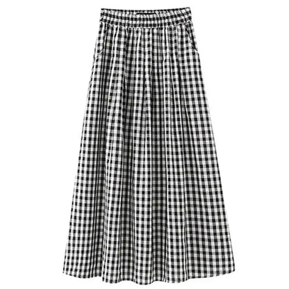 Black White Checkered A-line Skirt Women Summer Lightweight High Waisted Long Skirt