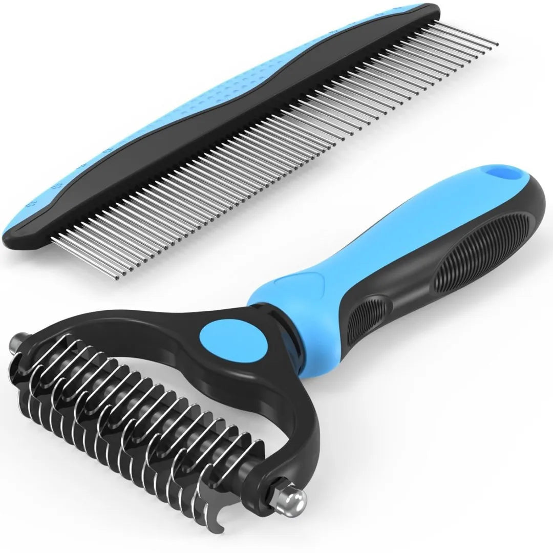 Pet grooming brush and metal comb combo, cat brush dog brush removal, undercoat rake, pet grooming supplies, long-haired pet