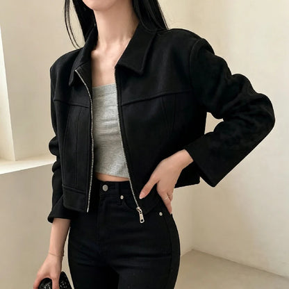 Retro Lapel Lady Short Coat Zipper Long Sleeves Patchwork Slim Fitting Jacket 2026 Spring Fall Commute Office Daily Outerwear