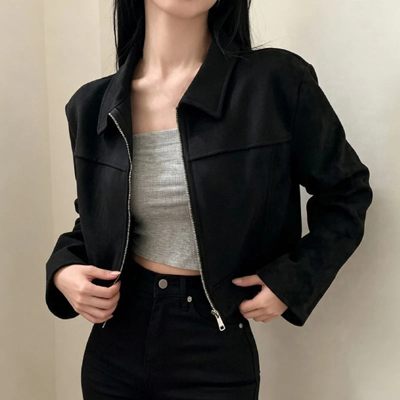Retro Lapel Lady Short Coat Zipper Long Sleeves Patchwork Slim Fitting Jacket 2026 Spring Fall Commute Office Daily Outerwear