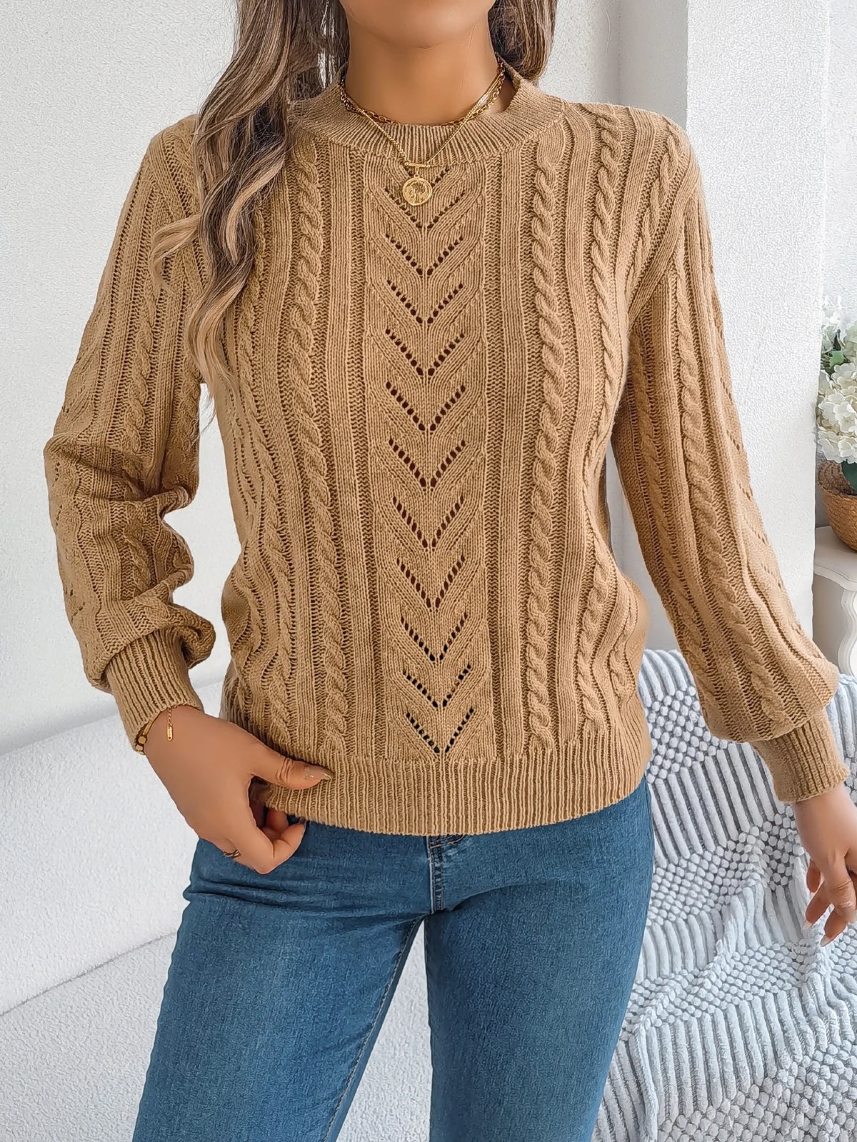 Women Solid Openwork Knit Pullover Round Neck Long Sleeve Cozy Fall Winter Resort Ready Sweater Top