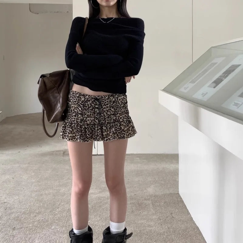 Fall Leopard Print Mini Skirt Retro American Style Drawstring Waist A Line Skirt for Women