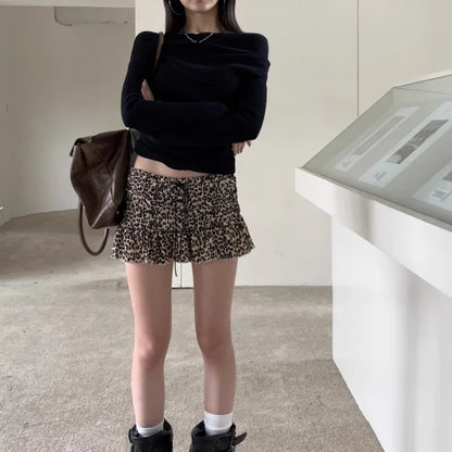 Fall Leopard Print Mini Skirt Retro American Style Drawstring Waist A Line Skirt for Women