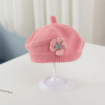 Flower Baby Beret Hat Winter Warm Knitted Beanie Cap for Infant Girls Korean Toddler Princess Artist Solid Color Painter Caps