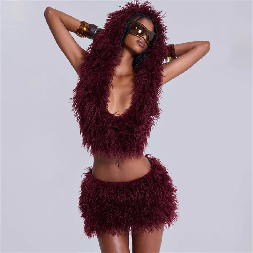 Fashion Faux Fur 2 Piece Set Women Lace Up Backless Hooded Tank Tops + Bodycon Mini Skirts Casual Street Suits