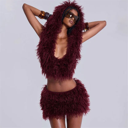 Fashion Faux Fur 2 Piece Set Women Lace Up Backless Hooded Tank Tops + Bodycon Mini Skirts Casual Street Suits