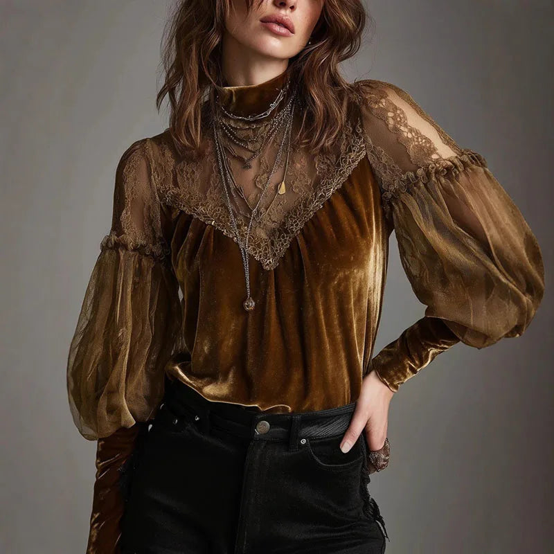 Chic Elegant Half High Collar Velvet Blouses Woman Sexy Hollow Spliced Mesh Lace Top Pullover Fall Long Sleeve Office Lady Shirt