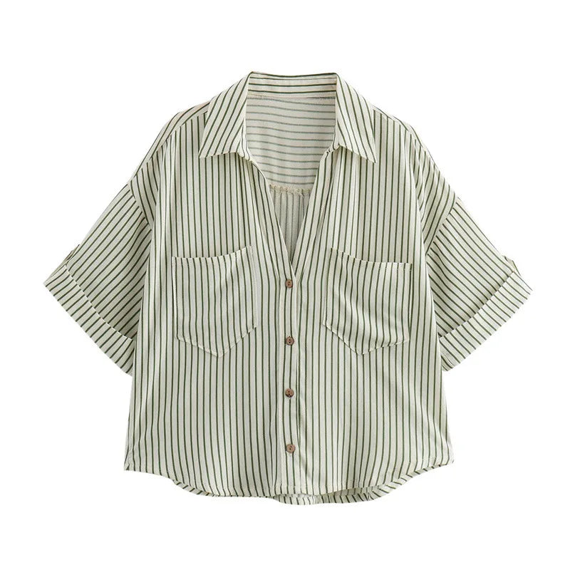 Fall Autumn Women Half Sleeve Single Breasted Blouse and Shirt V-neck Pockets Street Casual Loose OL Tops Shirts