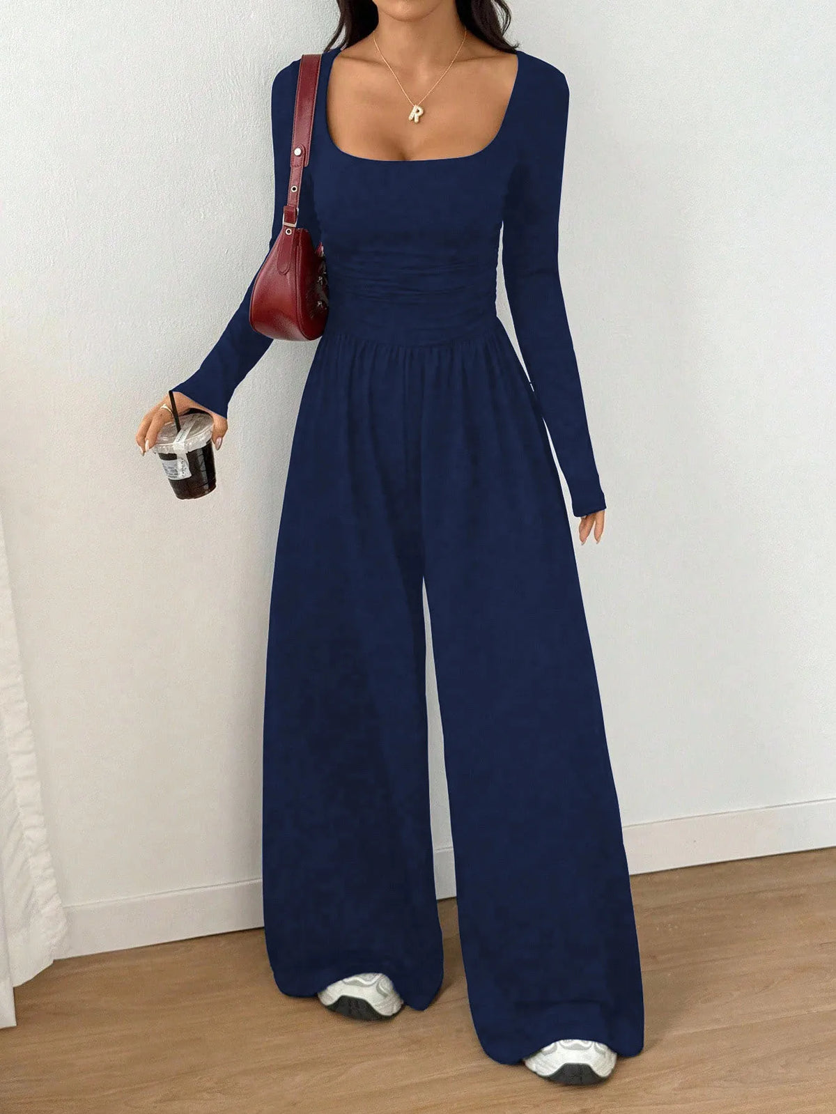 Women's Casual Solid Color Square Neck Long Sleeve A-Line Jumpsuit Pleating Wide Leg Loose Mopping Jumpsuit Spring/Fall 2026