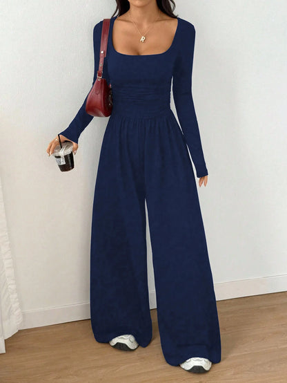Women's Casual Solid Color Square Neck Long Sleeve A-Line Jumpsuit Pleating Wide Leg Loose Mopping Jumpsuit Spring/Fall 2026