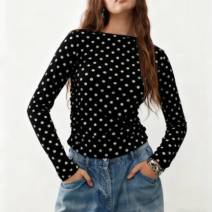 Combhasaki Women Y2k Vintage Polka Dot T-Shirts Slim Long Sleeve Round Neck Side Ruched Pullovers Shirt Tops Fall Winter Clothes
