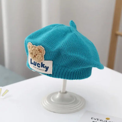 Flower Baby Beret Hat Winter Warm Knitted Beanie Cap for Infant Girls Korean Toddler Princess Artist Solid Color Painter Caps
