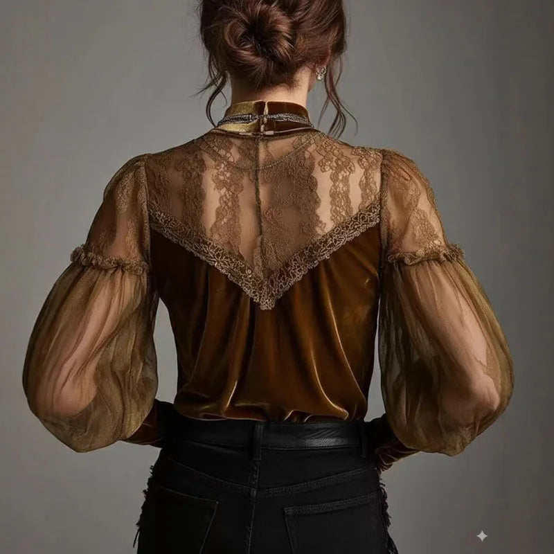 Chic Elegant Half High Collar Velvet Blouses Woman Sexy Hollow Spliced Mesh Lace Top Pullover Fall Long Sleeve Office Lady Shirt