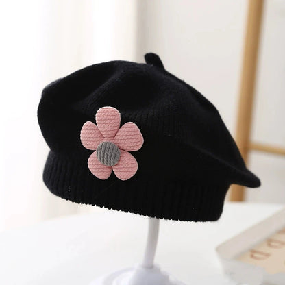 Flower Baby Beret Hat Winter Warm Knitted Beanie Cap for Infant Girls Korean Toddler Princess Artist Solid Color Painter Caps