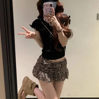 Fall Leopard Print Mini Skirt Retro American Style Drawstring Waist A Line Skirt for Women