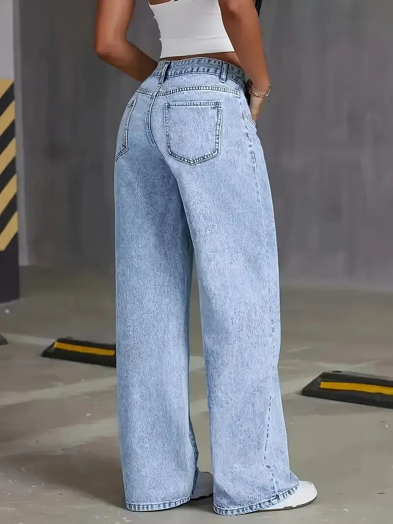 New American Fashion Women's Loose Casual Wide Leg Straight Denim Jeans Baggy Streetwear Pants All Season Trousers