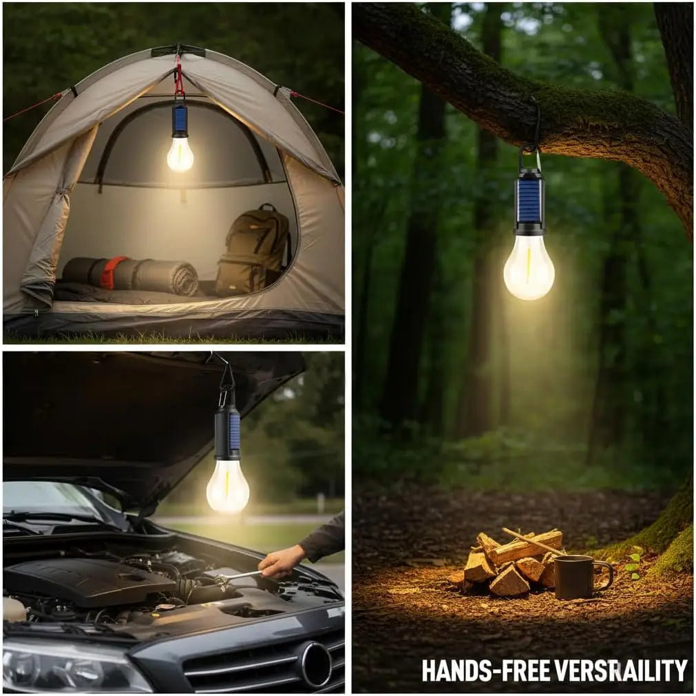 Vintage Solar & USB Rechargeable Camping Lantern LED Retro Tungsten Lamp Multifunctional Atmosphere Tent Light Bulb for Outdoor