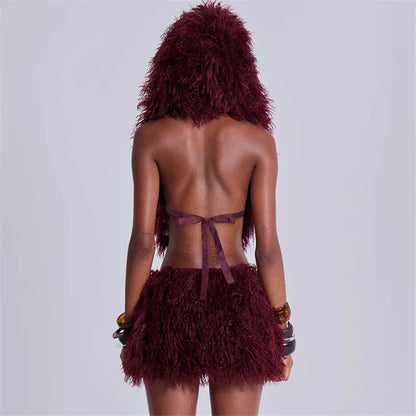 Fashion Faux Fur 2 Piece Set Women Lace Up Backless Hooded Tank Tops + Bodycon Mini Skirts Casual Street Suits