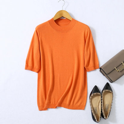 Birdtree, Woman Basic Sweaters, 70% Spun Silk and Cotton Blend O Neck Pullovers, Fall Winter Solid Bottoming Shirts T61715JF