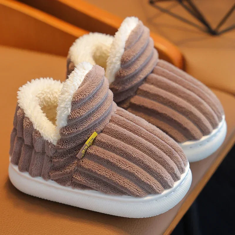 New Winter Simplicity Stripe Plush Slippers Children's Non-slip Soft Sole Kids Boys Girls Heel Wrap Warm High Home Cotton Shoes