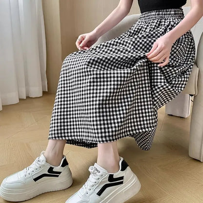 Black White Checkered A-line Skirt Women Summer Lightweight High Waisted Long Skirt
