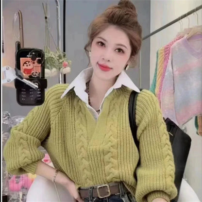 Fashion New Casual Fall Winter Fake Two-piece Knitted Top for Women Autumn and Winter Long Sleeves Sweater for Women Tops