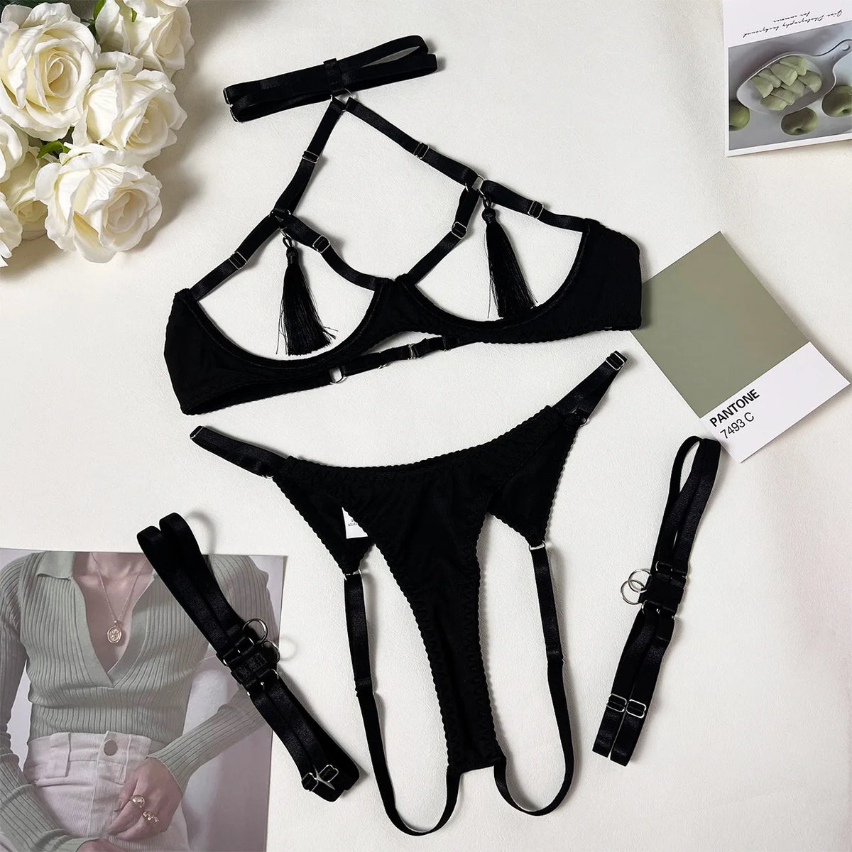 Lingerie Tassel Sexy Lingerie Set Women Halter Cut Out Sexy Erotic Set Red/Black Back Open Brief Kit