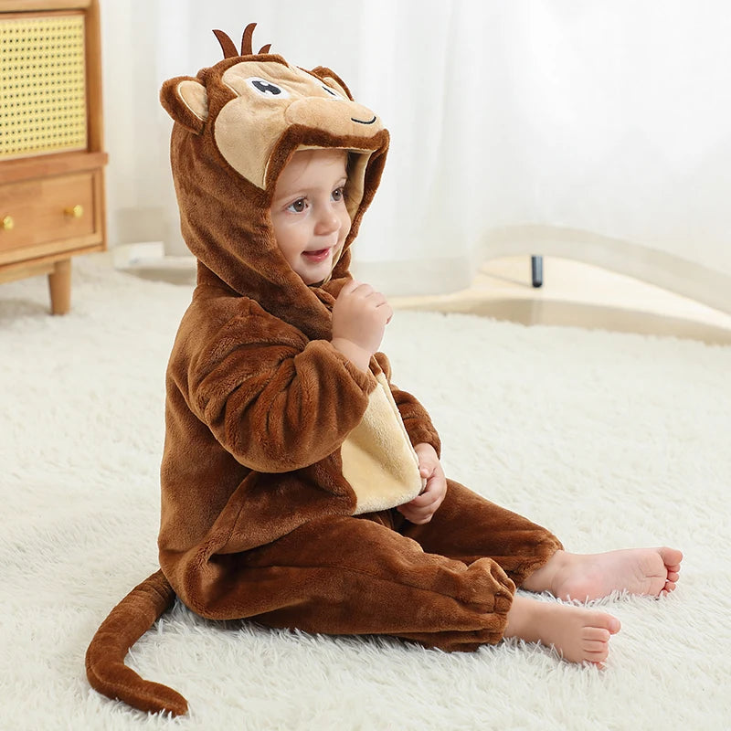 MICHLEY Carnaval Baby Cartoon Romper Winter Newborn Monkey Hooded Infant Clothing Boy Girl Pajamas Animal Onesie Jumpsuit